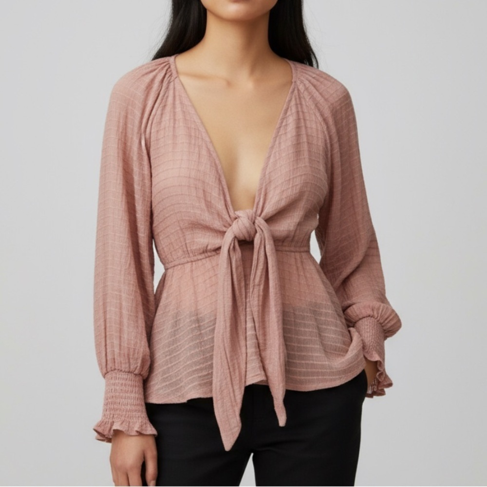 FLAWLESS MAUVE PINK LONG SLEEVE TIE FRONT V-NECK PEASANT BLOUSE WOMENS SZ SMALL